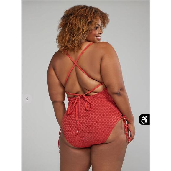 Crochet & Side Lace-Up One Piece Swimsuit Rust Color 2X (FTF) - Picture 4 of 8